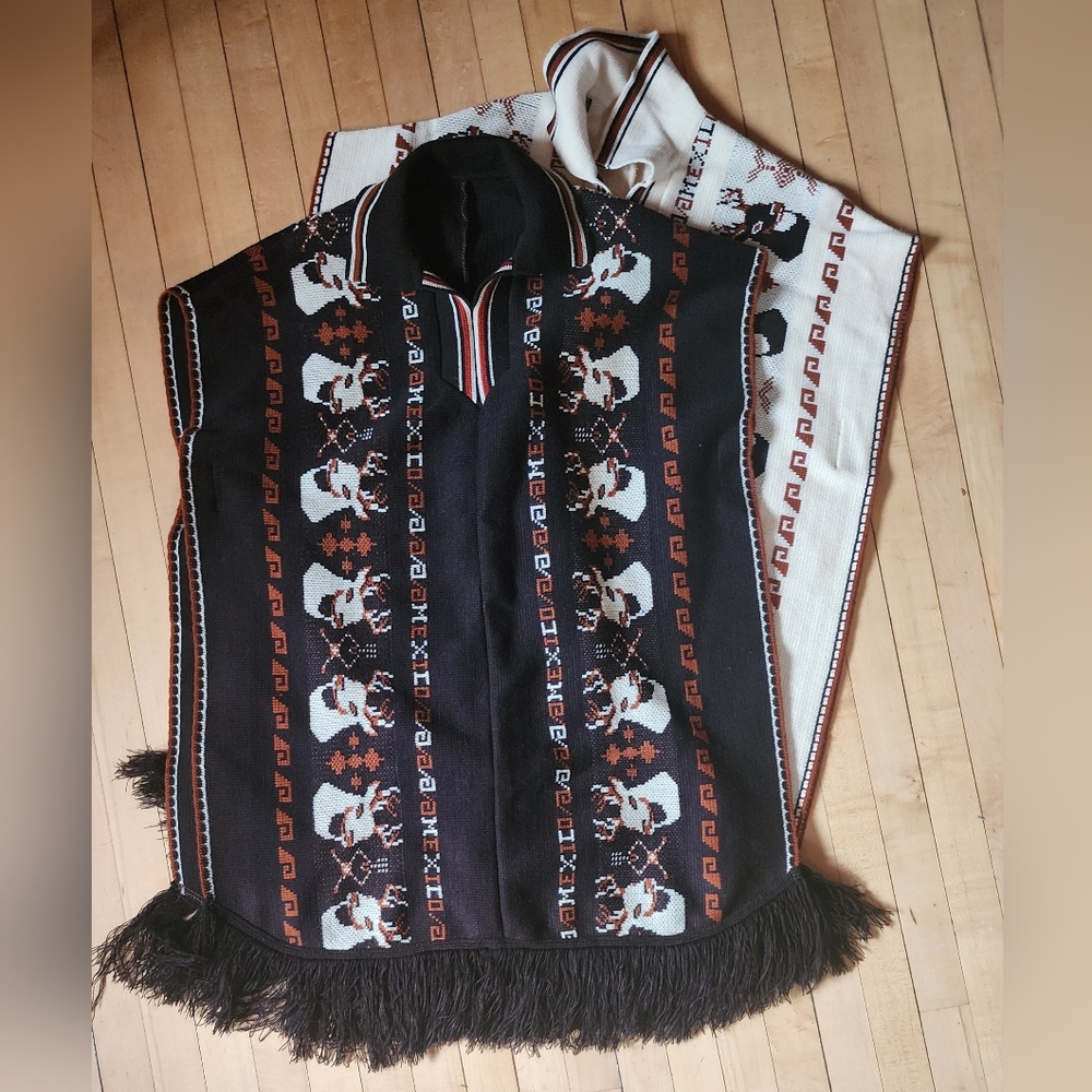 2 Vintage Boho Patterned Ponchos with Fringe One Cream, One Black